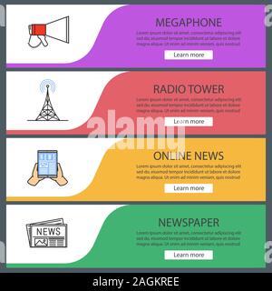 Mass media web banner templates set. Megaphone, TV or radio tower, online news, newspaper. Website color menu items. Vector headers design concepts Stock Vector