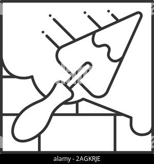 Brick wall with triangular shovel linear icon. Putty knife, spatula. Thin line illustration. Cement solution. Contour symbol. Vector isolated outline Stock Vector