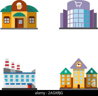 City buildings flat design long shadow color icons set. Pub, shopping centre, plant, town hall. Vector silhouette illustrations Stock Vector