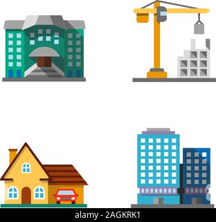 City buildings flat design long shadow color icons set. Hostel, constructing, cottage, office building. Vector silhouette illustrations Stock Vector
