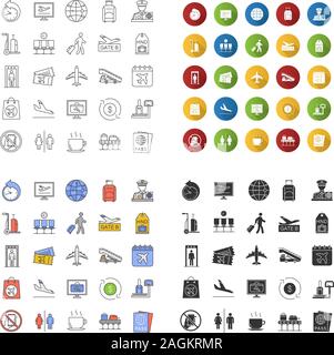 Airport service icons set. Passport control, baggage check, tickets, flights management. Linear, flat design, color and glyph styles. isolated vector Stock Vector