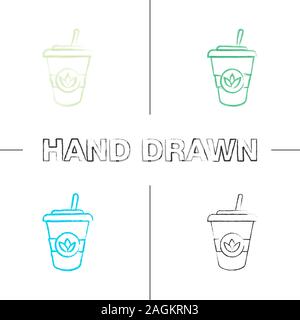 Ice tea hand drawn icons set. Detox drink. Disposable tea cup with straw. Color brush stroke. Isolated vector sketchy illustrations Stock Vector
