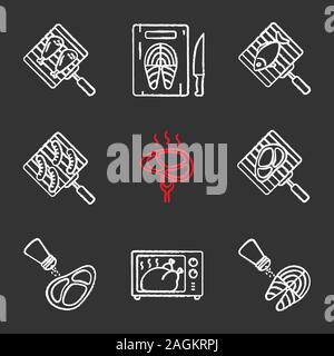 Food preparation chalk icons set. Barbecue. Grilling, salting, cutting, fish cooking in microwave oven, meat and sausages. Isolated vector chalkboard Stock Vector