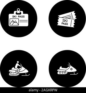 Winter activities glyph icons set. Ski pass badge and tickets, snowmobiles. Vector white silhouettes illustrations in black circles Stock Vector