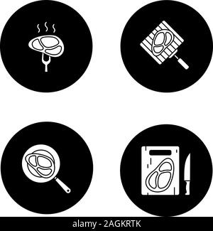 Meat preparation glyph icons set. Grilling, frying and cutting meat steaks. Vector white silhouettes illustrations in black circles Stock Vector