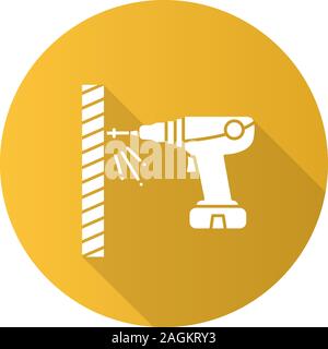 Portable electric screwdriver flat linear long shadow icon. Cordless drill. Vector outline symbol Stock Vector