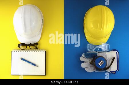 Banner flat lay of worker equipment and engineer tools team work concept Stock Photo