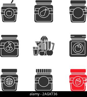 Homemade preserves glyph icons set. Apple, pear, cherry, raspberry, strawberry jam jars, ketchup, juice. Silhouette symbols. Vector isolated illustrat Stock Vector
