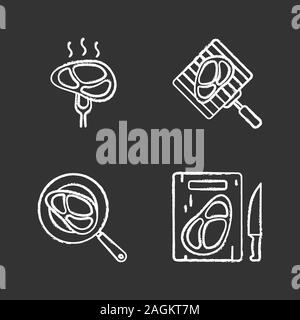 Meat preparation chalk icons set. Grilling, frying and cutting meat steaks. Isolated vector chalkboard illustrations Stock Vector