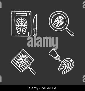 Fish preparation chalk icons set. Cutting, frying, grilling, salting fish steaks. Isolated vector chalkboard illustrations Stock Vector