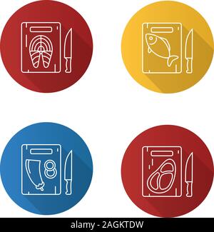 Food cutting flat linear long shadow icons set. Cutting boards with salmon fish, eggplant, meat steak. Vector outline illustration Stock Vector
