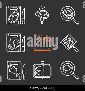 Food preparation chalk icons set. Cutting boards with bread, meat and fish, frying salmon and meat steaks, sprats, grilling chicken drumsticks and tur Stock Vector