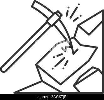 Pickaxe breaking mountain linear icon. Mining. Thin line illustration. Navvy pick. Contour symbol. Vector isolated outline drawing Stock Vector