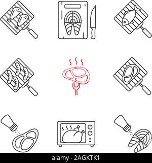 Food preparation linear icons set. Barbecue. Grilling, salting, cutting, fish cooking in microwave oven, meat and sausages. Thin line contour symbols. Stock Vector