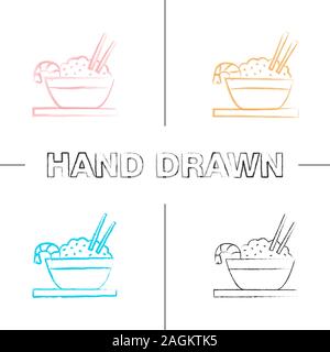 Rice with shrimps hand drawn icons set. Chinese fried rice in bowl and chopsticks. Color brush stroke. Isolated vector sketchy illustrations Stock Vector