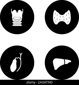 Internal organs glyph icons set. Larynx, thyroid, gallbladder, liver. Vector white silhouettes illustrations in black circles Stock Vector