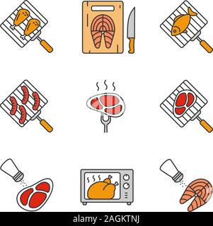 Food preparation color icons set. Barbecue. Grilling, salting, cutting, fish cooking in microwave oven, meat and sausages. Isolated vector illustratio Stock Vector
