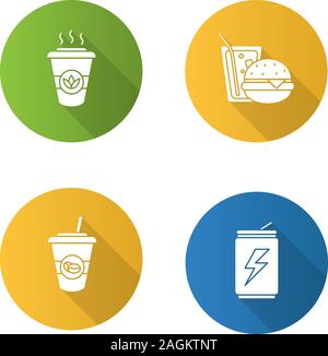 Drinks flat design long shadow glyph icons set. Takeaway coffee and tea, energy drink, soda with burger.Vector silhouette illustration Stock Vector