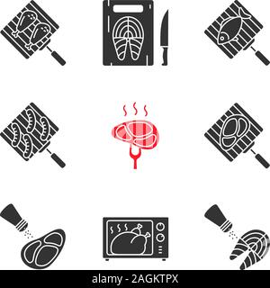 Food preparation glyph icons set. Barbecue. Grilling, salting, cutting, fish cooking in microwave oven, meat and sausages. Silhouette symbols. Vector Stock Vector