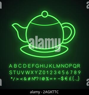 Teapot neon light icon. Tea pot. Glowing sign with alphabet, numbers and symbols. Vector isolated illustration Stock Vector