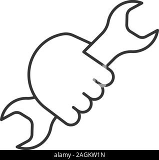 Hand holding wrench linear icon. Thin line illustration. Double open ended spanner. Contour symbol. Vector isolated outline drawing Stock Vector