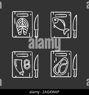 Food cutting chalk icons set. Cutting boards with salmon fish, eggplant, meat steak. Isolated vector chalkboard illustrations Stock Vector