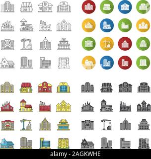 City buildings icons set. Facades. Town architecture. Linear, flat design, color and glyph styles. isolated vector illustrations Stock Vector