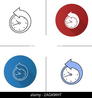 Back arrow around clock icon. Counterclockwise. Reschedule. Flat design, linear and color styles. Isolated vector illustrations Stock Vector