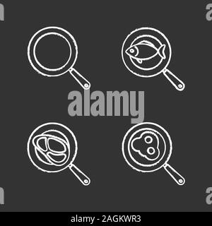Frying pans chalk icons set. Fried fish, eggs and meat steak. Isolated vector chalkboard illustrations Stock Vector