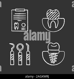 Dentistry chalk icons set. Stomatology. Diagnostic report, tooth implant and crown, dental instruments. Isolated vector chalkboard illustrations Stock Vector