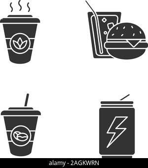 Drinks glyph icons set. Takeaway coffee and tea, energy drink, soda with burger. Silhouette symbols. Vector isolated illustration Stock Vector