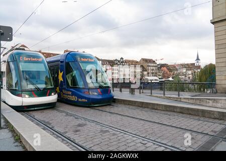 Strasbourg, Bas-Rhin / France - 14. December, 2019: city trams on the Pont Royal Bridge in the historic city center of Strasbourg Stock Photo