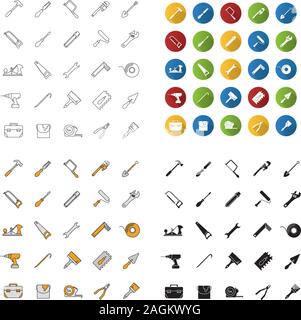 Construction tools icons set. Renovation and repair instruments. Linear, flat design, color and glyph styles. isolated vector illustrations Stock Vector