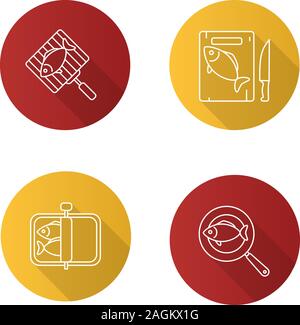 Fish preparation flat linear long shadow icons set. Canned, fried, cutted and grilled fish. Vector outline illustration Stock Vector