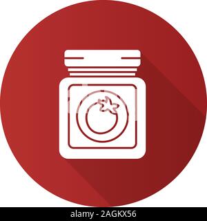 Tomato sauce jar flat design long shadow glyph icon. Homemade ketchup. Vegetable preserve. Vector silhouette illustration Stock Vector