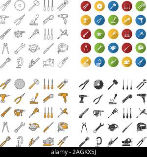 Construction tools icons set. Renovation and repair instruments. Linear, flat design, color and glyph styles. isolated vector illustrations Stock Vector