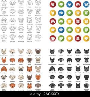 Dogs breeds icons set. Canine. Guide, guardian, hunting, herding dogs. Linear, flat design, color and glyph styles. Isolated vector illustrations Stock Vector