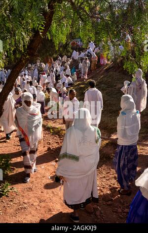 Ethiopia, Amhara Region, Lalibela, Bet Gabriel Rafael, worshippers outside church during festival of Saint Gabriel Stock Photo