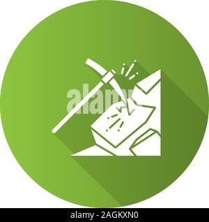 Pickaxe breaking mountain flat linear long shadow icon. Mining. Navvy pick. Vector outline symbol Stock Vector