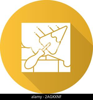 Brick wall with triangular shovel flat linear long shadow icon. Cement solution. Putty knife, spatula. Vector outline symbol Stock Vector