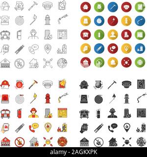 Firefighting icons set. Linear, flat design, color and glyph styles. isolated vector illustrations Stock Vector