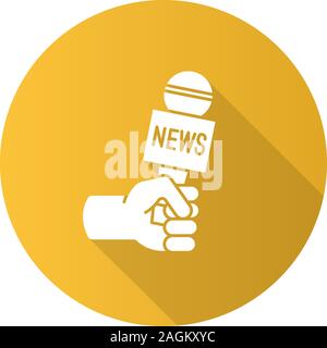 Journalist holding microphone flat design long shadow glyph icon. Interviewing. Television reporting. Vector silhouette illustration Stock Vector