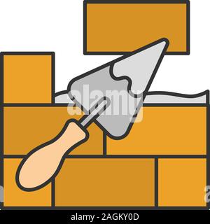 Brick wall with triangular shovel color icon. Putty knife, spatula. Cement solution. Isolated vector illustration Stock Vector