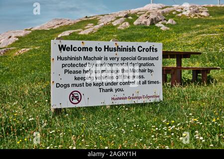 Sign explaining that machair is protected by environmental designation, Hushinish, Outer Hebrides, Scotland Stock Photo