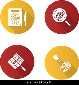 Fish preparation flat design long shadow glyph icons set. Cutting, frying, grilling, salting fish steaks. Vector silhouette illustration Stock Vector