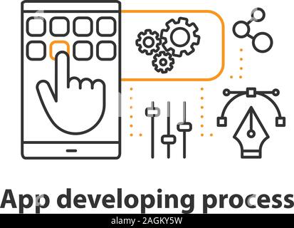 App development process concept icon. Product creation, testing and launching idea thin line illustration. Vector isolated outline drawing Stock Vector