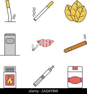 Smoking color icons set. Stubbed out and burning cigarettes, tobacco leaves, garbage bin, smoker's mouth, cigar, matchbox, vape, cigarette pack. Isola Stock Vector