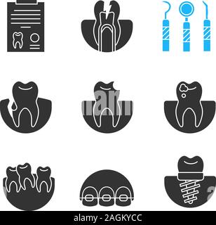 Dentistry glyph icons set. Medical report, toothache, dental instruments, gingivitis, broken tooth, caries, implant, braces, crooked teeth. Silhouette Stock Vector
