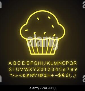 Cupcake neon light icon. Muffin. Glowing sign with alphabet, numbers and symbols. Vector isolated illustration Stock Vector