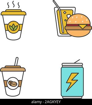 Drinks color icons set. Takeaway coffee and tea, energy drink, soda with burger. Isolated vector illustrations Stock Vector